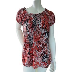 Style & Co Blouse Abstract Geometric Smocked Cap Sleeve Red Black White Size M